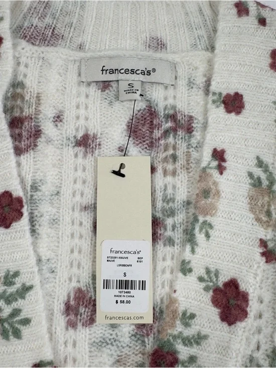 Francesca's Floral Ribbon Tie Cardigan Small Ivory Mauve Cottagecore NWT - Picture 8 of 15